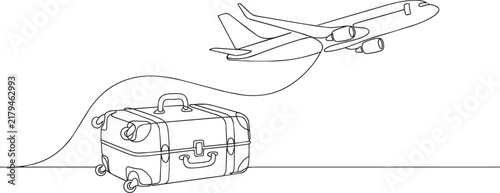 Continuous single line of a airplane flying away from a travel suitcase, isolated on a white background, for travel