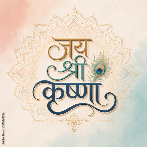 Radha Krishna Calligraphy with Peacock Feather and Flute – Elegant Hindu Spiritual Devotional Artwork