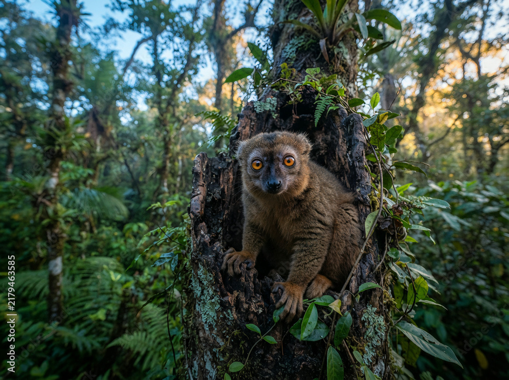 Fototapeta premium Lemur peering out from a hollow in a mossy tree trunk in a lush forest