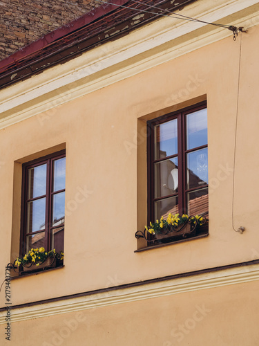 Cuadro en lienzo Yellow flowers adorn windows, a charming urban scene with warm walls and rustic