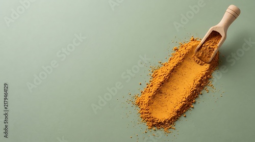 Pumpkin powder spilled on a green surface with a small wooden scoop next to it for food and culinary uses