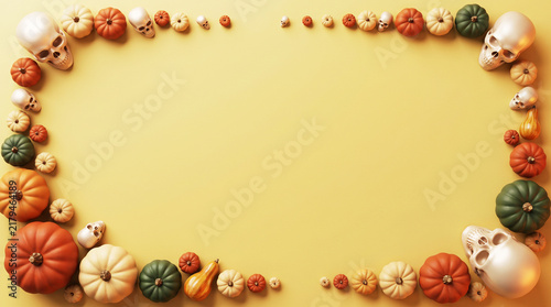 Spooky Halloween Flat Lay Frame Border With Pumpkins And Skulls On Beige Background