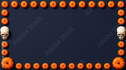 Spooky Halloween Flat Lay Frame Border With Pumpkins And Skulls On Dark Background
