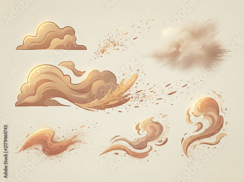 Six stylised smoke and dust cloud illustrations on a textured paper ground
