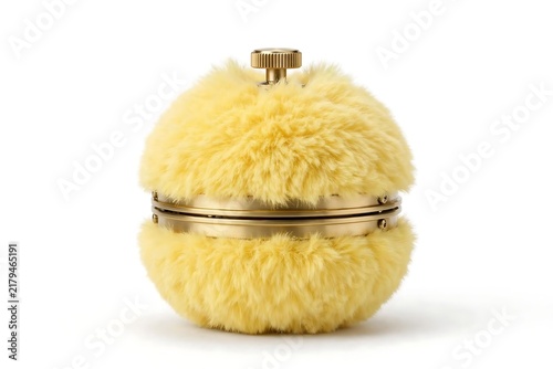 Vintage Powder Puff Container with Golden Accents on White Background.