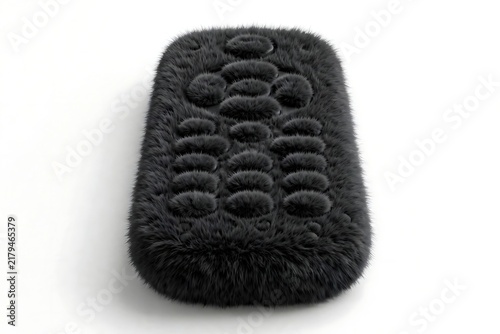 Fluffy black remote control with many buttons isolated on white background.