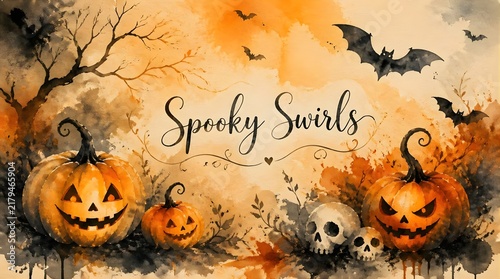 Spooky Halloween Watercolor Background with Jack o Lantern Pumpkins Skulls and Flying Bats Illustration for Cards and Decor