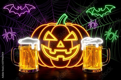 Neon Halloween Pumpkin with Frothy Beer Mugs Spooky Spiderweb and Bat Background for Party Celebration Concept