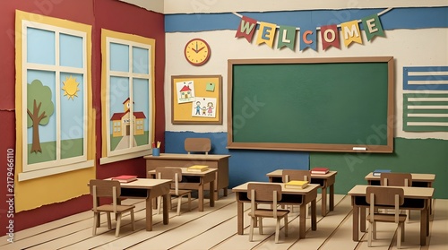Creative Papercraft Classroom Interior with Chalkboard Desks and Welcome Banner Back to School Concept for Education.