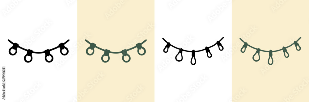 Naklejka premium String Lights Hand Drawn Doodle Icon Set. Decorative Hanging Lights Sketch Symbol Collection. Home Decor And Party Decoration. Isolated Vector Illustration