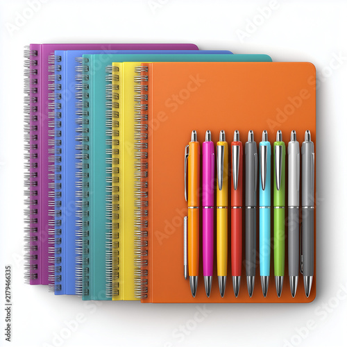 Colorful Notebooks and Pens, School Supplies and Study Stationery Concept