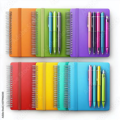 Colorful Notebooks and Pens, School Supplies and Study Stationery Concept
