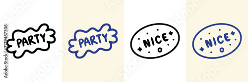 Celebration And Positive Feedback Hand Drawn Doodle Icon Set. Party And Nice Text Bubble Sketch Symbol Collection. Event Invitations And Social Media Posts. Isolated Vector Illustration