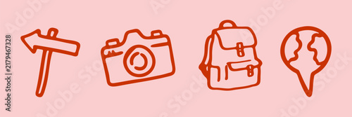 Travel Doodle Icon Set With Direction Sign, Camera, Backpack And Globe Marker. Tourism, Navigation, Vacation And Journey Collection. Isolated Vector Illustration