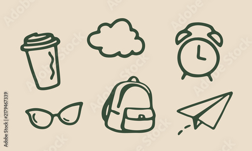 Travel Hand Drawn Doodle Icon Set With Coffee, Cloud, Alarm Clock, Sunglasses, Backpack And Paper Plane. Vacation And Journey Collection. Isolated Vector Illustration
