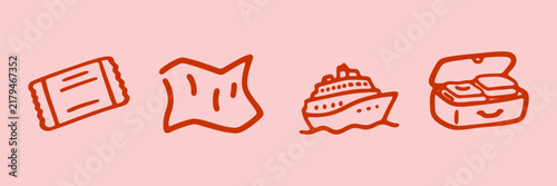 Travel Doodle Icon Set With Ticket, Map, Cruise Ship And Suitcase Symbols. Tourism, Vacation, Journey And Adventure Collection. Isolated Vector Illustration
