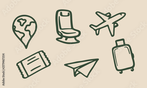 Travel Hand Drawn Doodle Icon Set With Globe Marker, Passenger Seat, Airplane, Ticket, Paper Plane And Suitcase. Journey Collection. Isolated Vector Illustration
