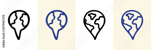 Travel Globe Location Marker Outline Icon Set. World Map Pin Symbols For Navigation, Destination, Tourism And Journey Themes. Isolated Vector Illustration