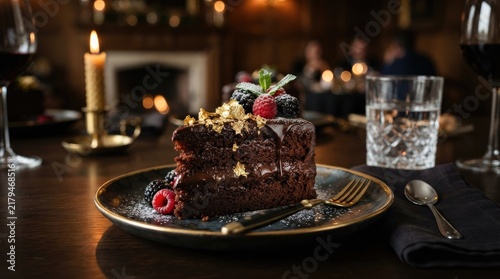 A decadent chocolate cake sits on a dark grey plate, adorned with fresh raspberries, blackberries, and gold leaf. A silver fork rests beside the cake, alongside a dark blue napkin and a clear glass.