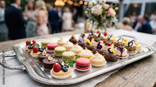 A silver tray overflows with an assortment of miniature desserts, including macarons, cream puffs, and bite-sized cakes, adorned with fresh berries.