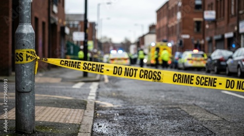Police officers cordon off a crime scene on a city street. Yellow crime scene tape stretches across the sidewalk and street, restricting access.
