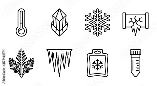 Cold Weather Icons, Winter Symbols, Frozen Elements, Ice Crystals, Frosty Graphics
