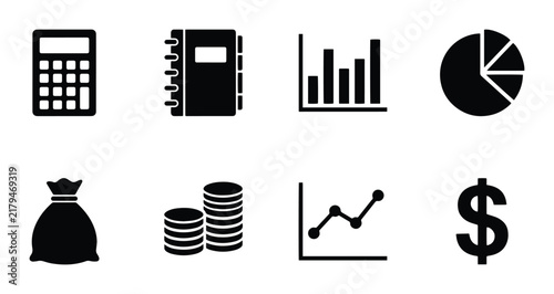 Finance Icons Set: Calculator, Notebook, Bar Chart, Pie Chart, Money Bag, Coins, Line Graph, Dollar Sign