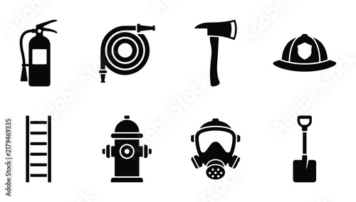 Firefighter Equipment Icons Set, Fire Safety Tools Vector Graphics, Emergency Response Symbols Collection