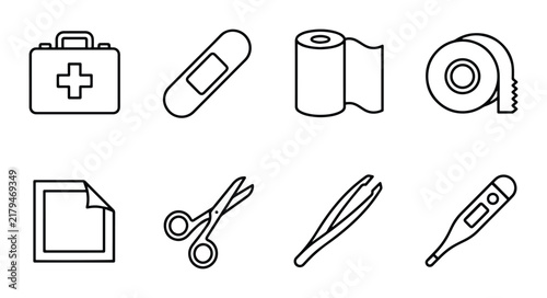 Medical First Aid Kit Icons, Bandage, Scissors, Thermometer, Healthcare Symbols