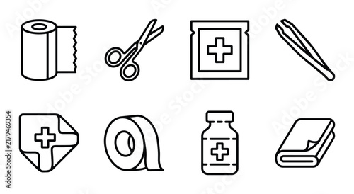 Medical First Aid Kit Icons, Health Care Symbols, Emergency Supplies Vector Set, Clean Line Art