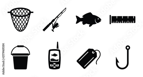 Fishing Icons Set: Net, Rod, Fish, Ruler, Bucket, GPS, Tag, Hook, Vector Graphics