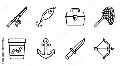 Fishing Gear Icons Set, Outdoor Activity Equipment, Sport & Hobby Vector Graphics