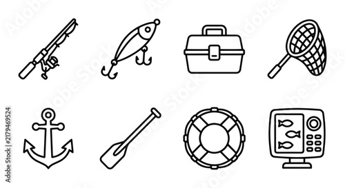 Fishing Icons Set: Rod, Lure, Tackle Box, Net, Anchor, Oar, Lifebuoy, Fish Finder