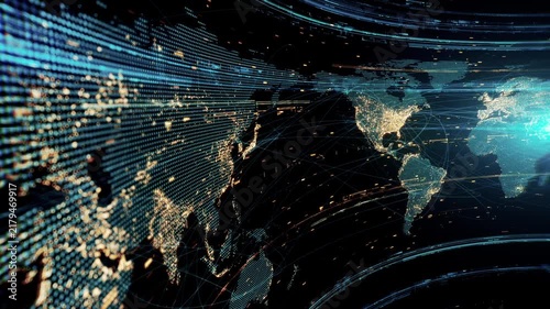 Turquoise and gold Earth map. Global rotating earth map in shades of blue with network connections. Video in loop.