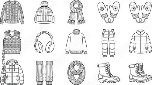 Winter apparel seasonal clothes and warm knitted wear line icons set