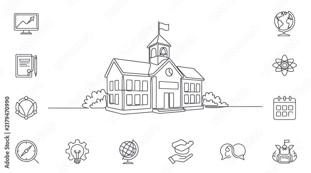 Obraz premium Classic school building with flag and surrounding bushes in a continuous line art style.