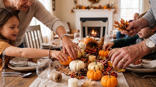 Multigenerational family decorating a Thanksgiving dining table indoors. Sharing warmth and gratitude during an autumn holiday gathering. Thanksgiving and autumn feasts harvest celebration concept.