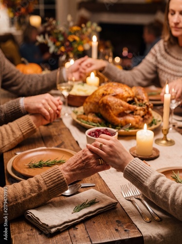 Multi-generation family holding hands around a turkey dinner table. Sharing gratitude and connection during a holiday feast. Thanksgiving and autumn feasts togetherness concept.