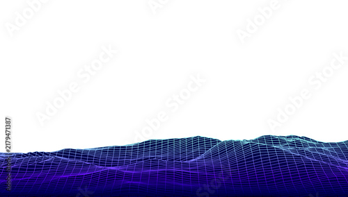 Wide retro neon cyan and blue glowing wireframe hills landscape on transparent background