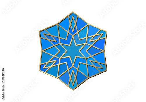 Blue and gold Islamic geometric rosette ornament, isolated on a transparent background, with intricate star and interlace pattern