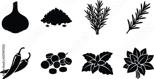 Collection of culinary herbs and spices black silhouettes isolated on a white background