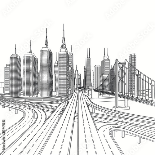 Urban cityscape with intricate highway interchanges and towering skyscrapers.