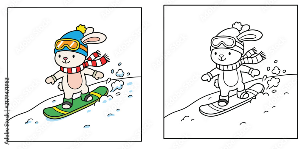 Fototapeta premium Cute Cartoon Rabbit Snowboarding Winter Sport Coloring Page Set with Color and Outline Vector Illustration for Kids Activity