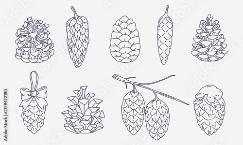Collection of nine hand drawn pine cones in clean outline style, including hanging cones, branch, bow and snowy details, isolated on a light background for seasonal nature designs