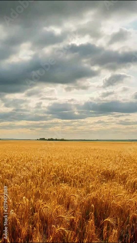 Golden wheat field under stormy sky with dark clouds and distant sunlight breaking through clouds agricultural landscape wheat harvest