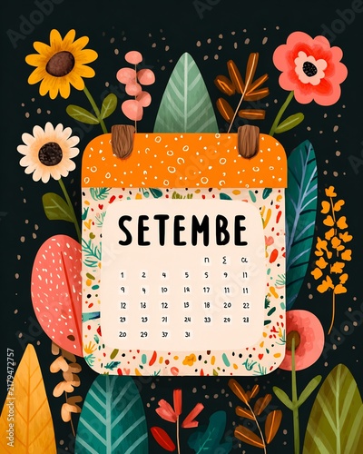Setembe September Calendar Illustration with Autumn Flowers and Leaves Design Element