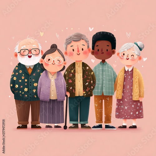 Diverse Group of Smiling Elderly People and Young Adult Standing Together, Cartoon Illustration