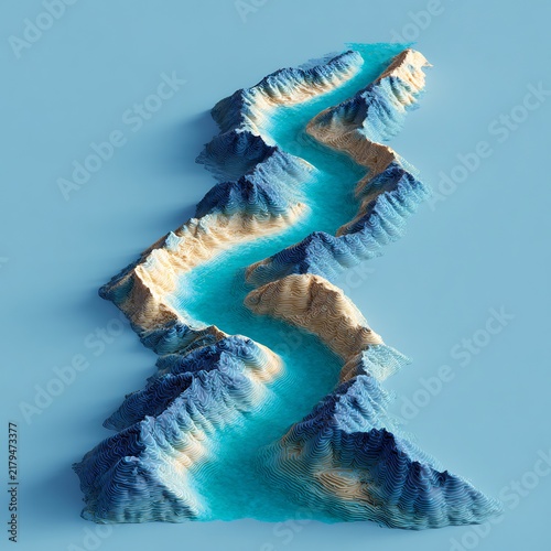 3D Abstract Topographic Map of Mountainous Landscape with Winding River and Contour Lines