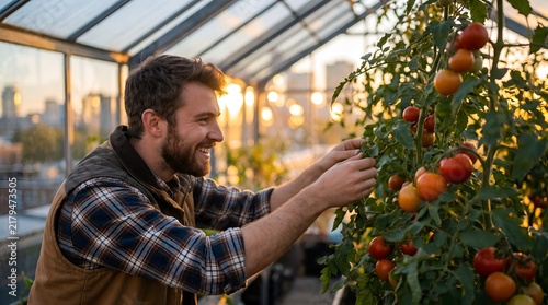 Greenhouse gardener harvesting fresh red tomatoes at sunset, gardening, organic, farming, rooftop, urban