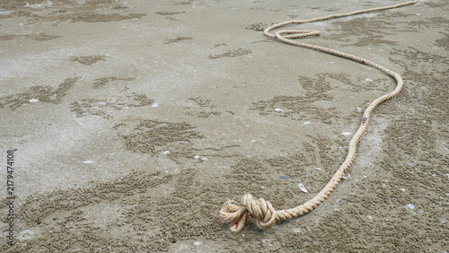Long Knotted Rope Lying on Sandy Beach Shoreline